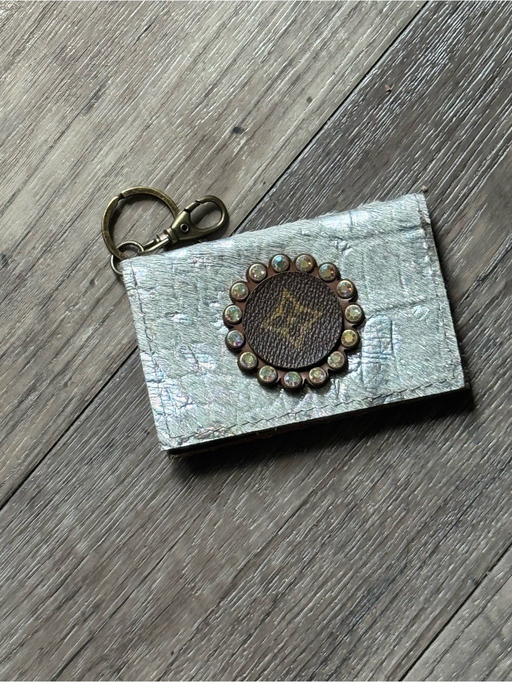 Iridescent Silver Card Holder Key & Card Holder with Decorative Medallion